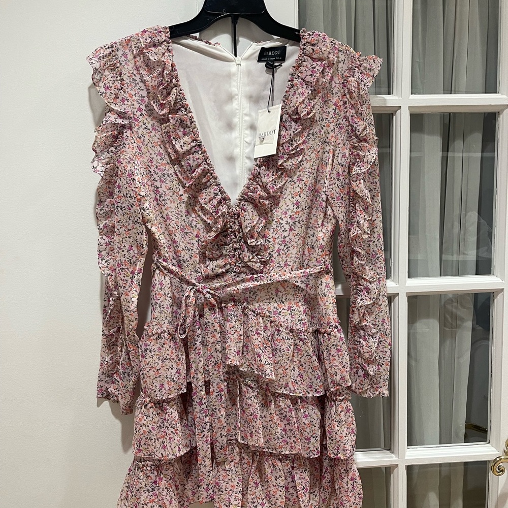 Bardot Pink Multi Floral Ruffle Tiered Long-Sleeve Wrap Dress